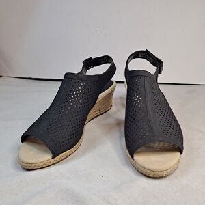 Easy Street Stacy Perforated Espadrille Wedge Sandals Womens 9.5W Black Fabric
